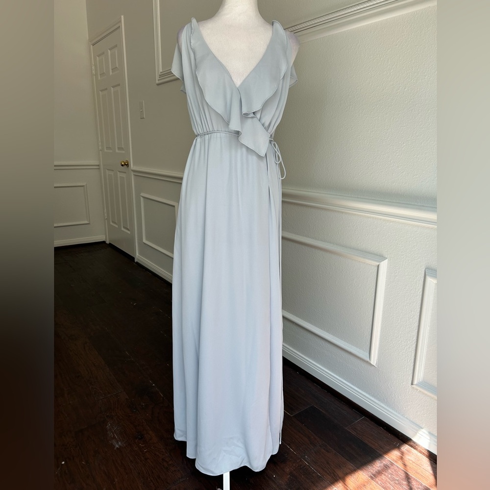 Wayf Light Blue Ruffle Maxi Wrap Dress